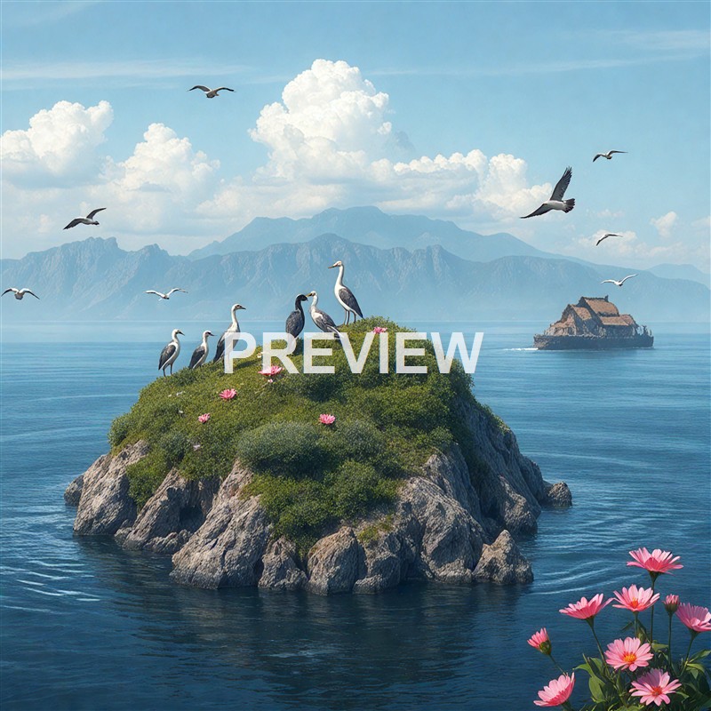 A group of herons and seagulls perched and flying around a small, lush, green island with pink flowers, set against a backdrop of mountains, water, and a distant rocky island.
